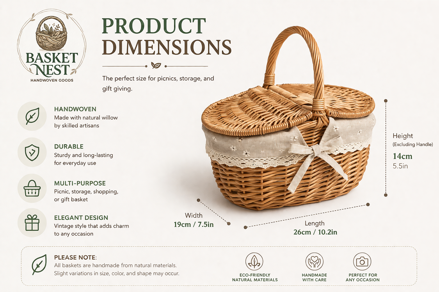 Handwoven Willow Picnic Basket with Lid