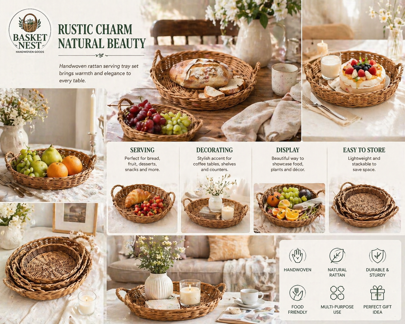 Rustic Woven Serving Tray Set