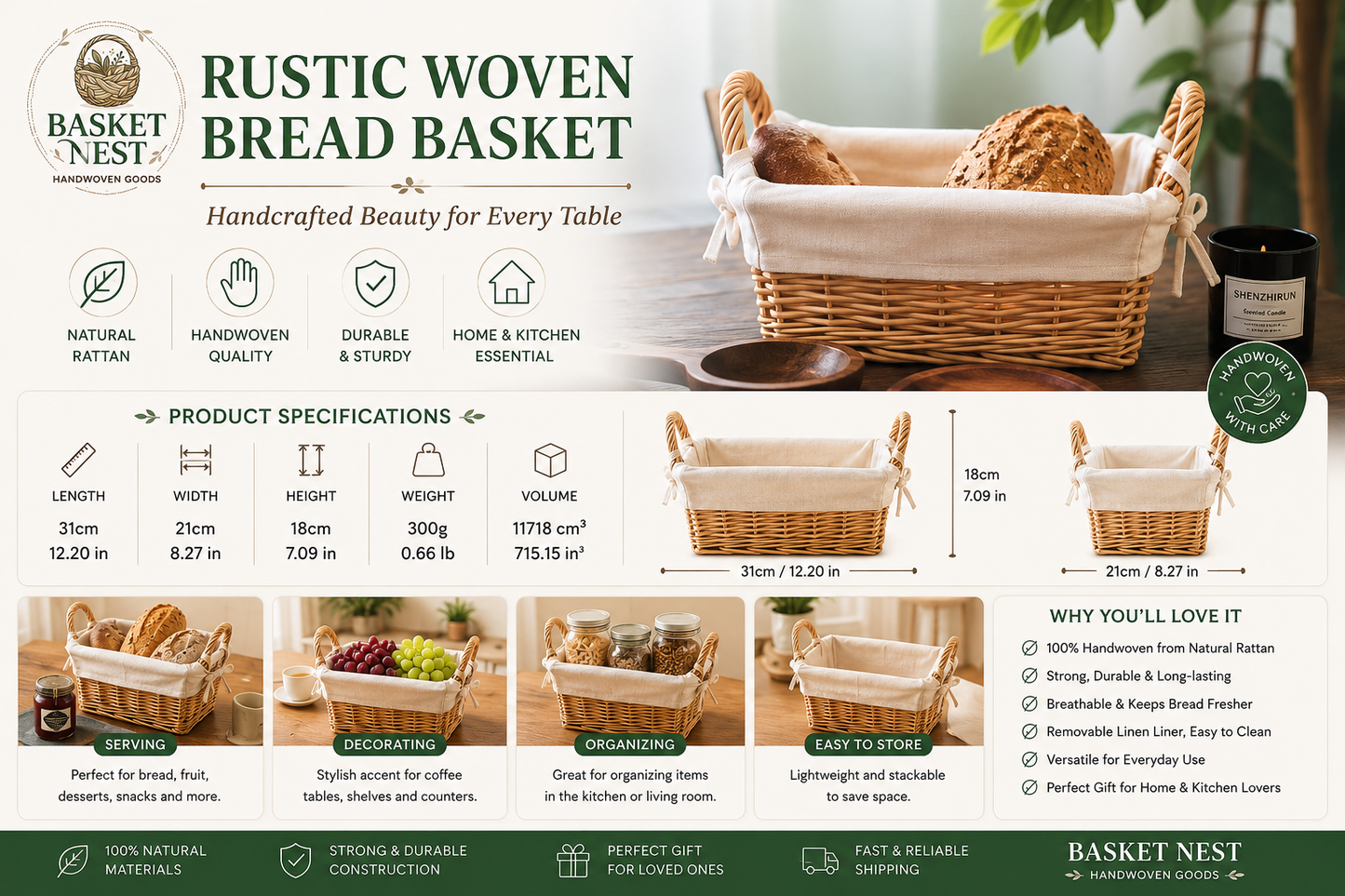 European Country-Style Woven Bread Basket with Two Handles